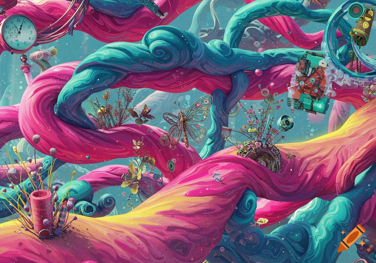 An abstract, vibrant landscape of intertwining pink and teal flowing ribbons and shapes, adorned with intricate mechanical gears, a clock, and delicate butterflies, against a bright blue background.