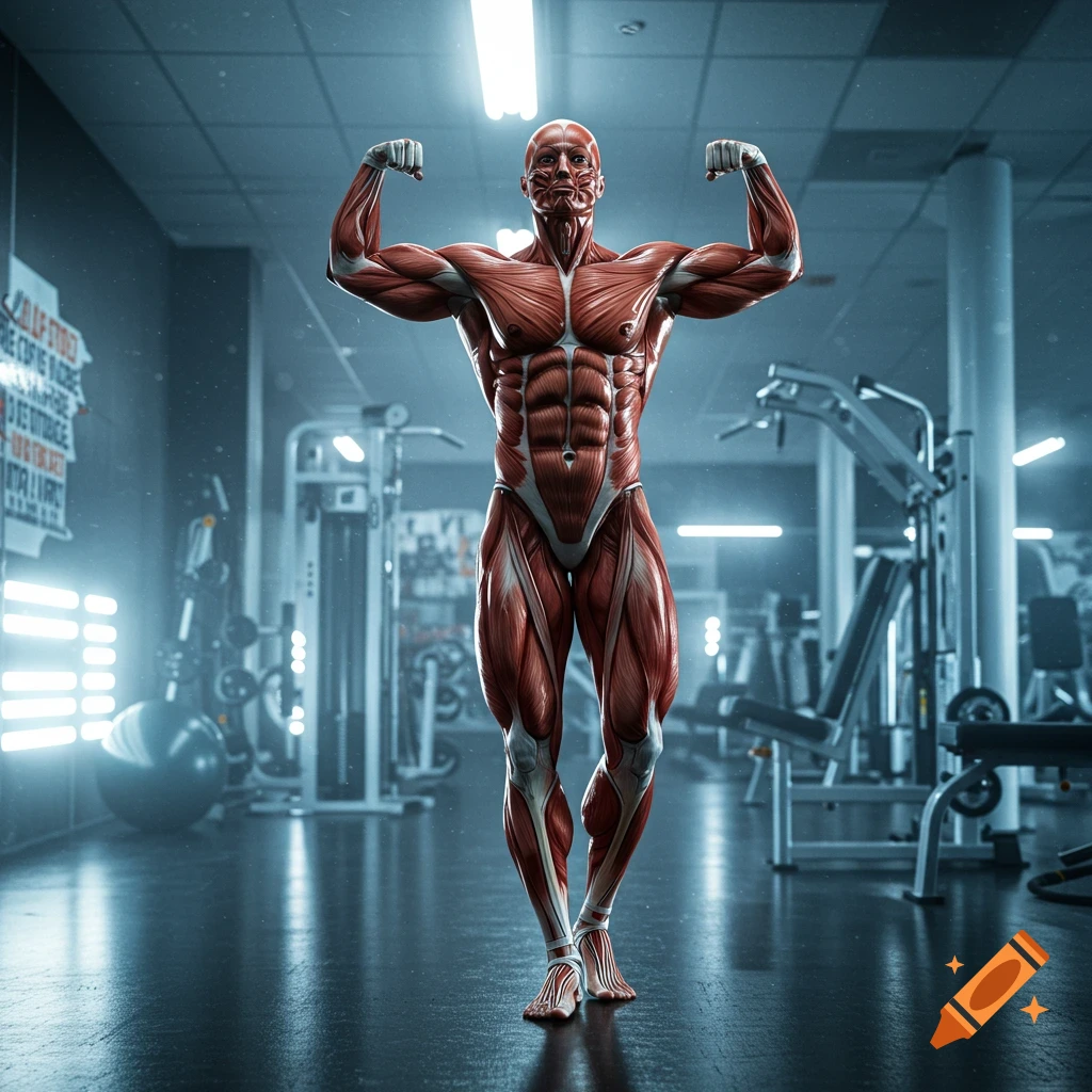 A detailed, full-body anatomical rendering of a human muscular system flexing in a dimly lit gym.