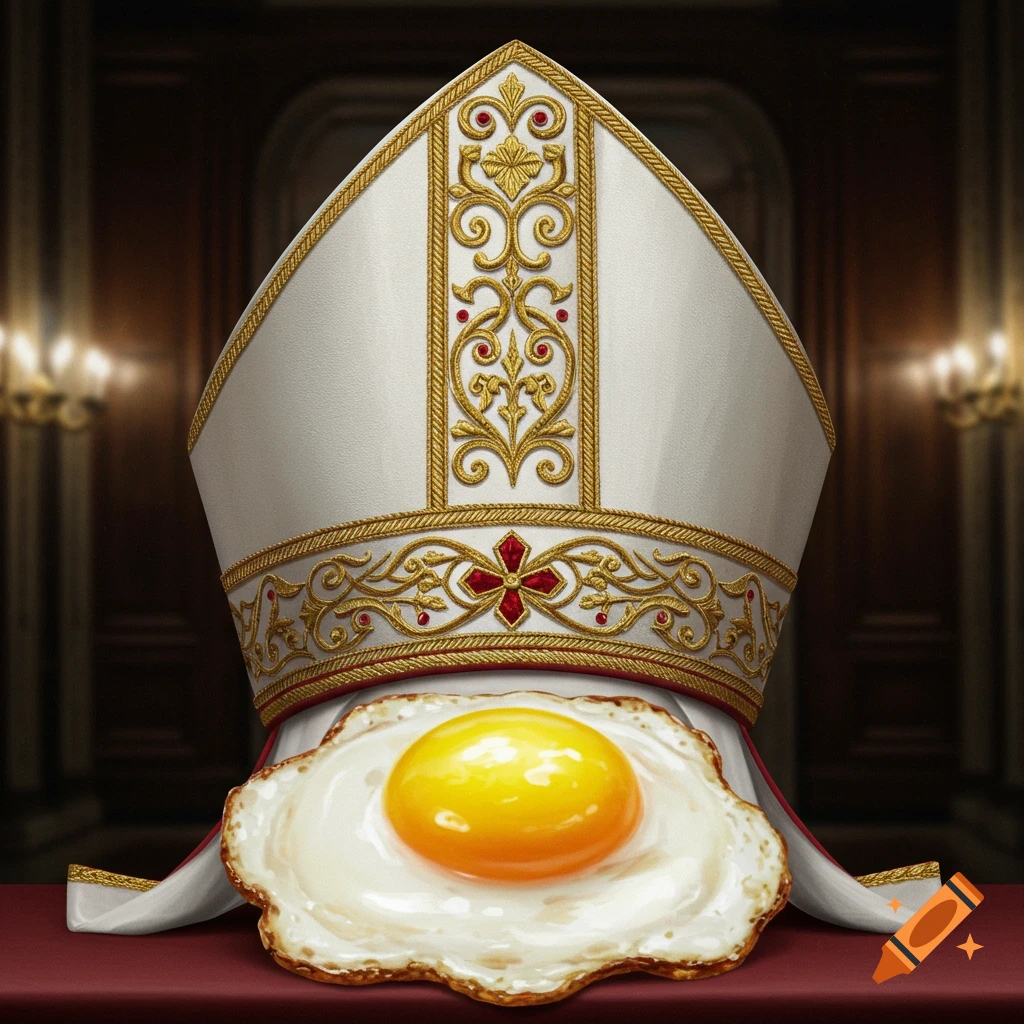 A white pope's mitre hat with gold and red embroidery sits with a fried sunny-side-up egg on its front, in a dimly lit room.