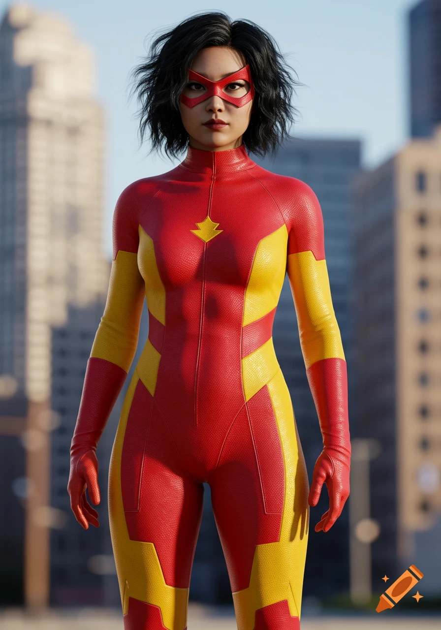A photorealistic image of a Korean-American woman in a red and yellow superhero suit and a red mask, standing against a blurred cityscape background.