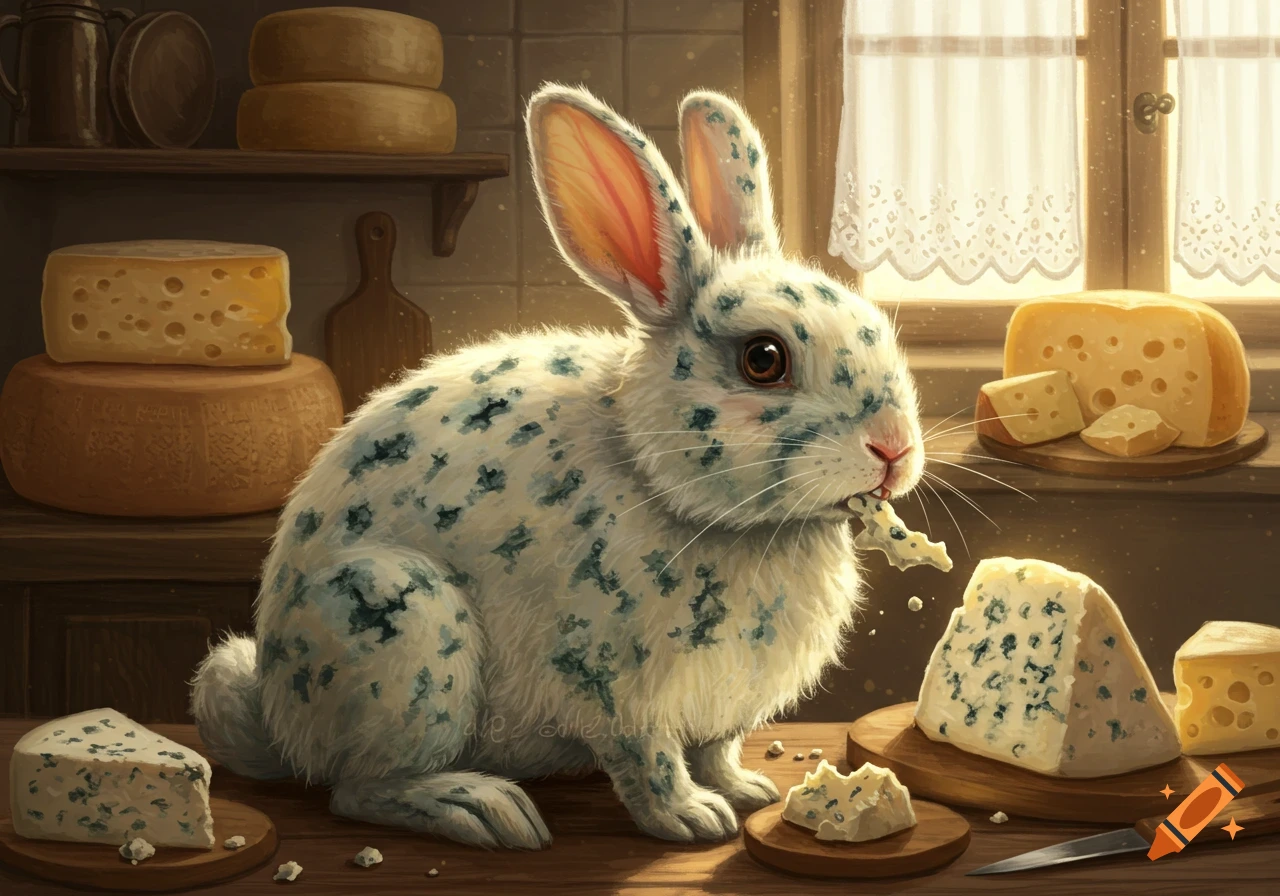 A white rabbit with blue cheese spots eats a piece of blue cheese on a wooden table, surrounded by various cheeses in a rustic kitchen.