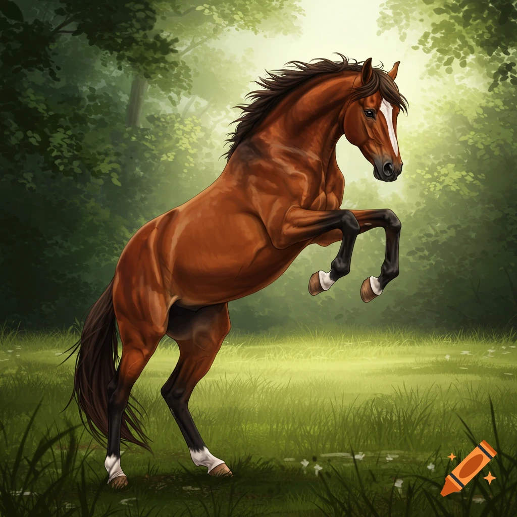 A brown horse with a white face stripe rears in a vibrant green forest, digitally painted.