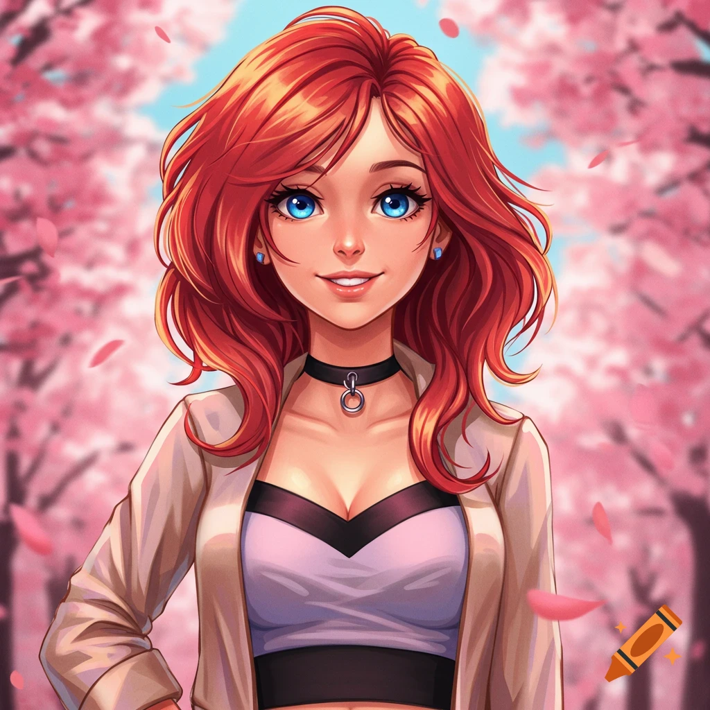 An anime-style portrait of a smiling young woman with red hair and blue eyes, wearing a choker and jacket, against a backdrop of pink cherry blossoms.
