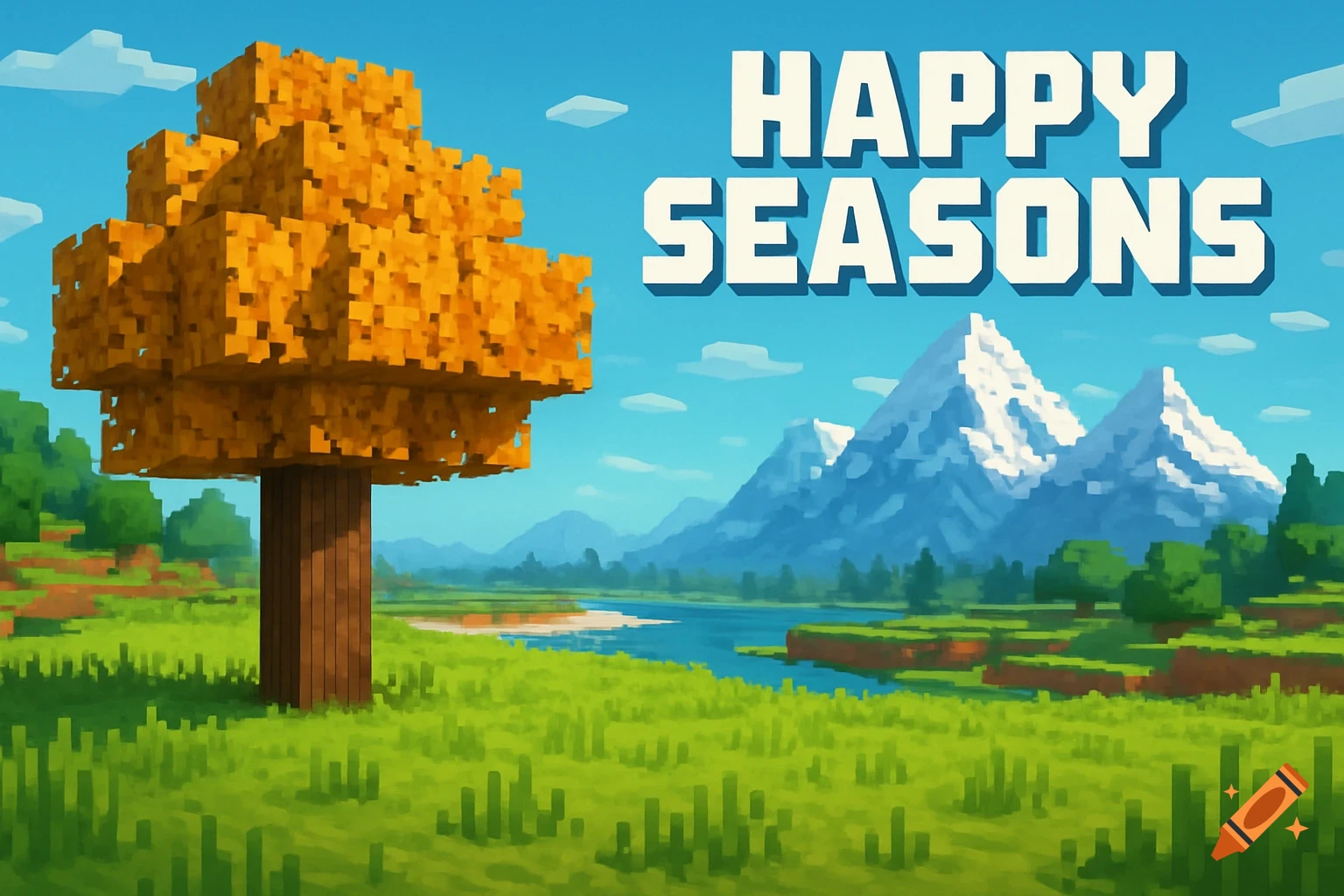 A blocky autumn tree in a Minecraft-style landscape with a river and snowy mountains. The text 'HAPPY SEASONS' is in the sky.