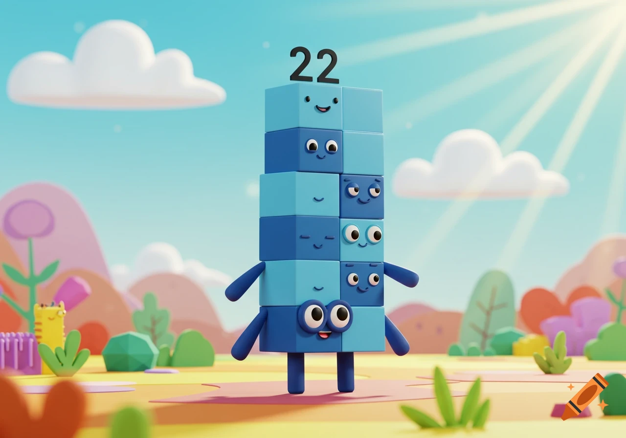 A cartoon character made of stacked blue blocks with faces, with the number 22 on top, stands in a vibrant landscape.