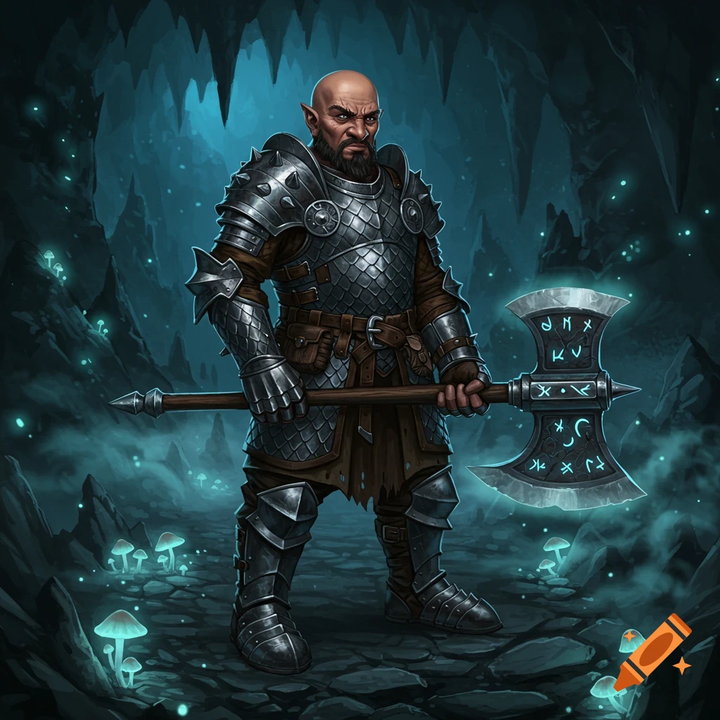 A bald deep gnome in detailed silver armor holds a large double-bladed axe with glowing runes in a dark, cavernous setting with glowing mushrooms.