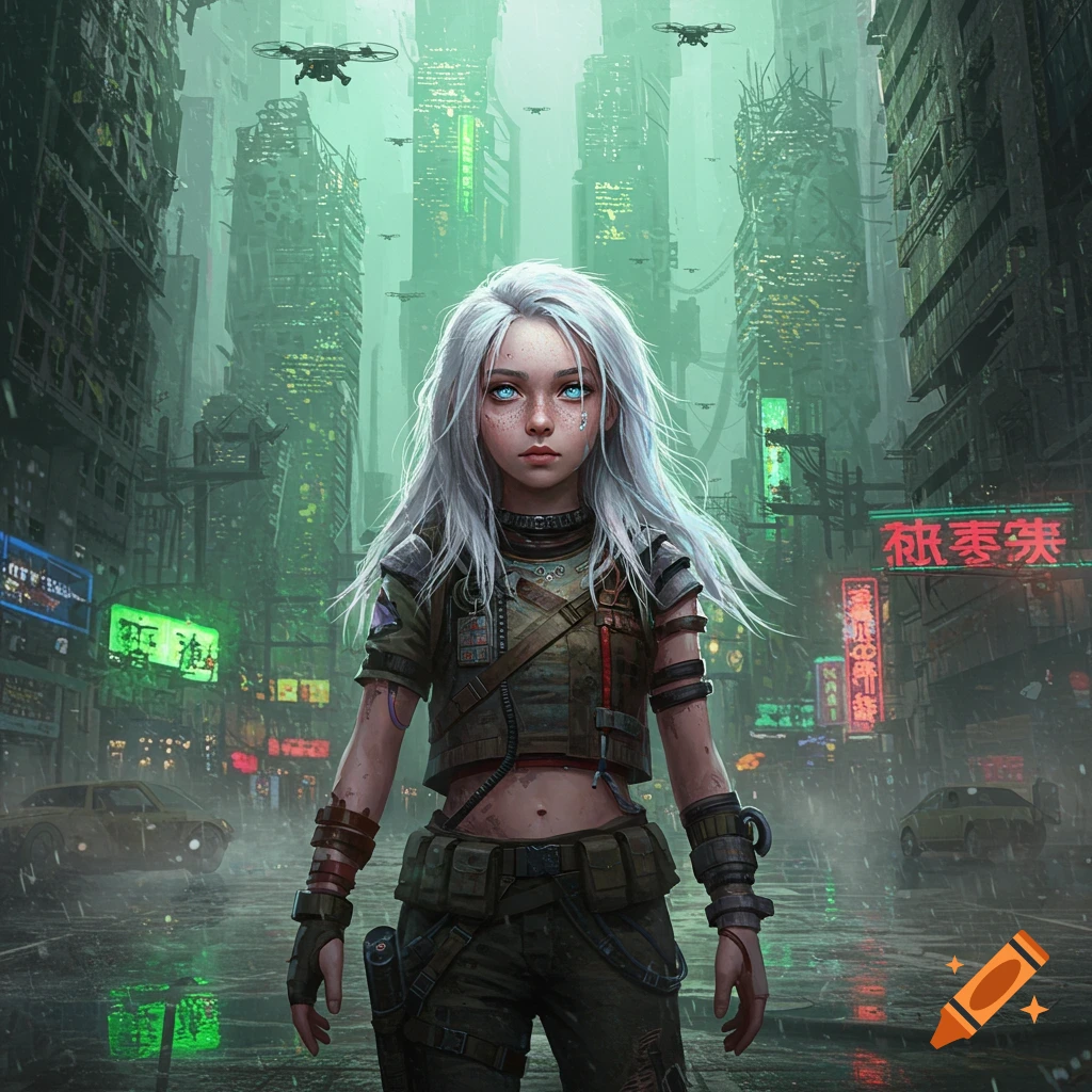 A young girl with silver hair and piercing blue eyes stands in a futuristic dystopian city with neon signs and flying drones.