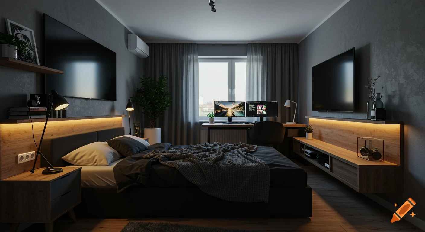 A cozy, modern bedroom with a black bed, warm LED lighting, wooden furniture, dual monitors, and grey curtains.
