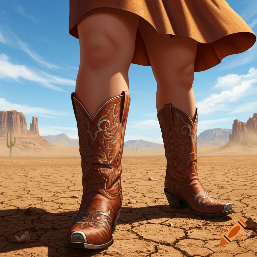 Close-up of legs in brown cowboy boots standing on cracked desert ground under a blue sky, with mountains and a cactus in the distance.