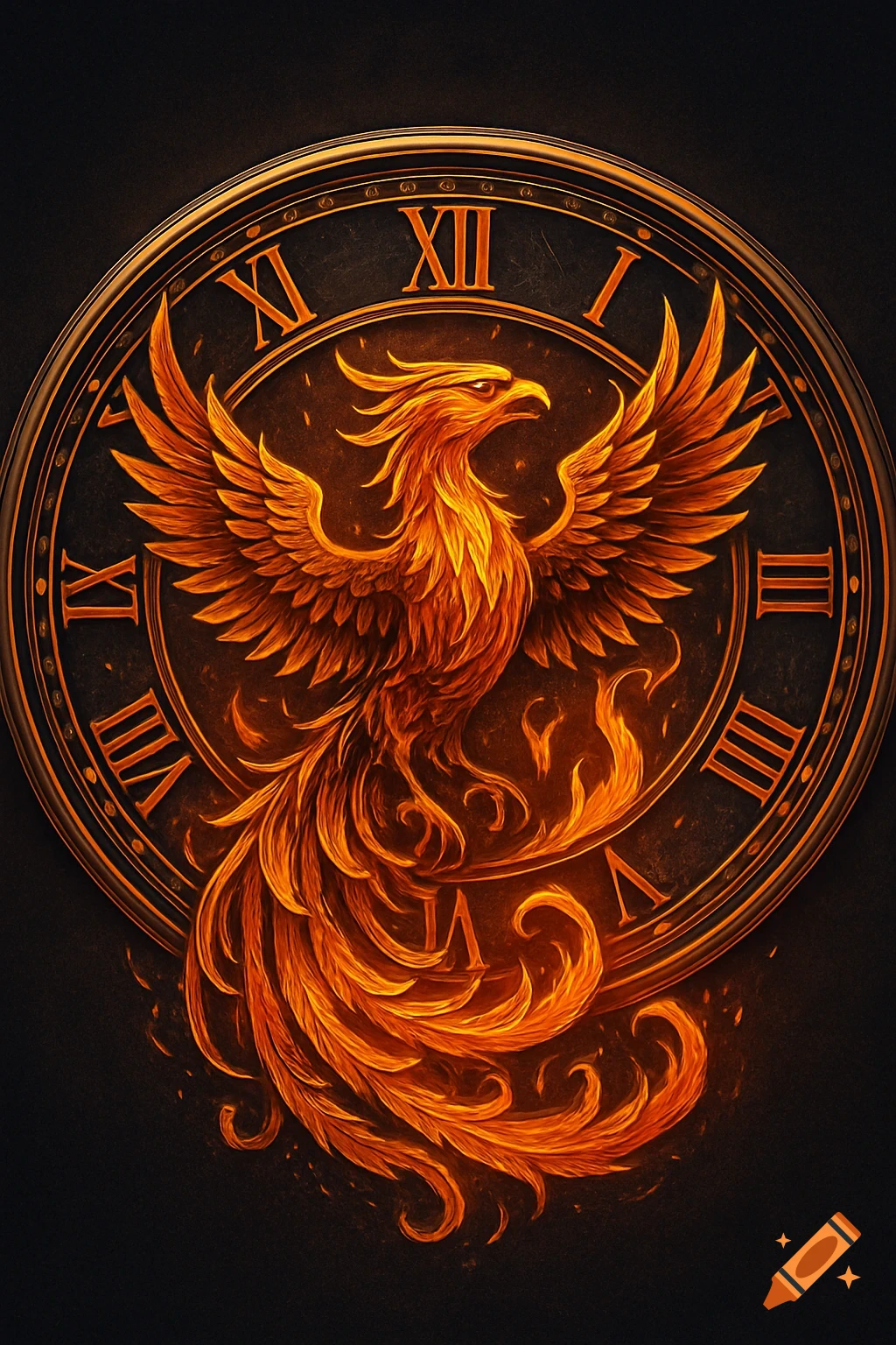 A vibrant, fiery orange phoenix with large wings spread sits within a detailed golden clock face with Roman numerals, set against a dark background.