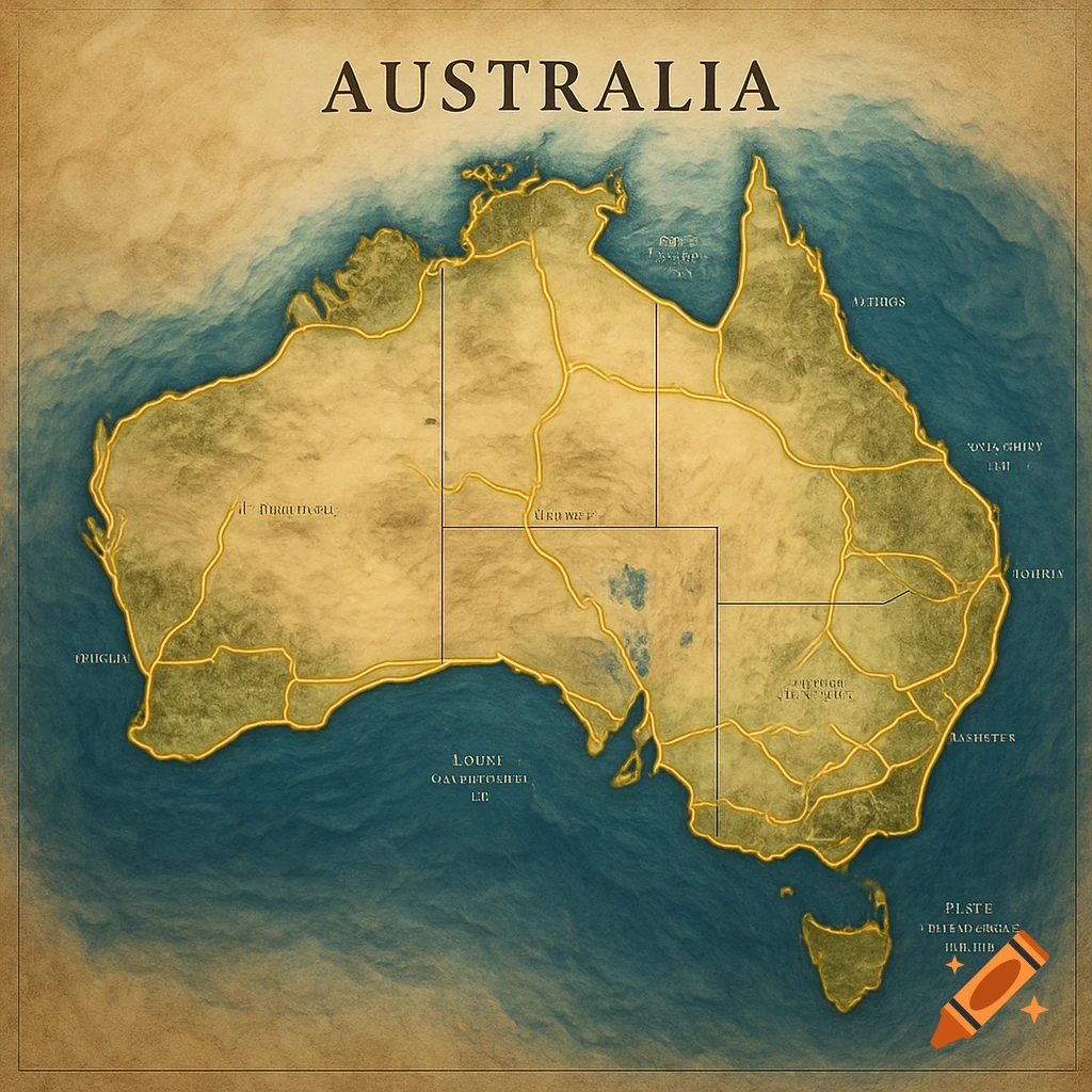 An old-style map of Australia with highlighted coastal roads and textured land and ocean.