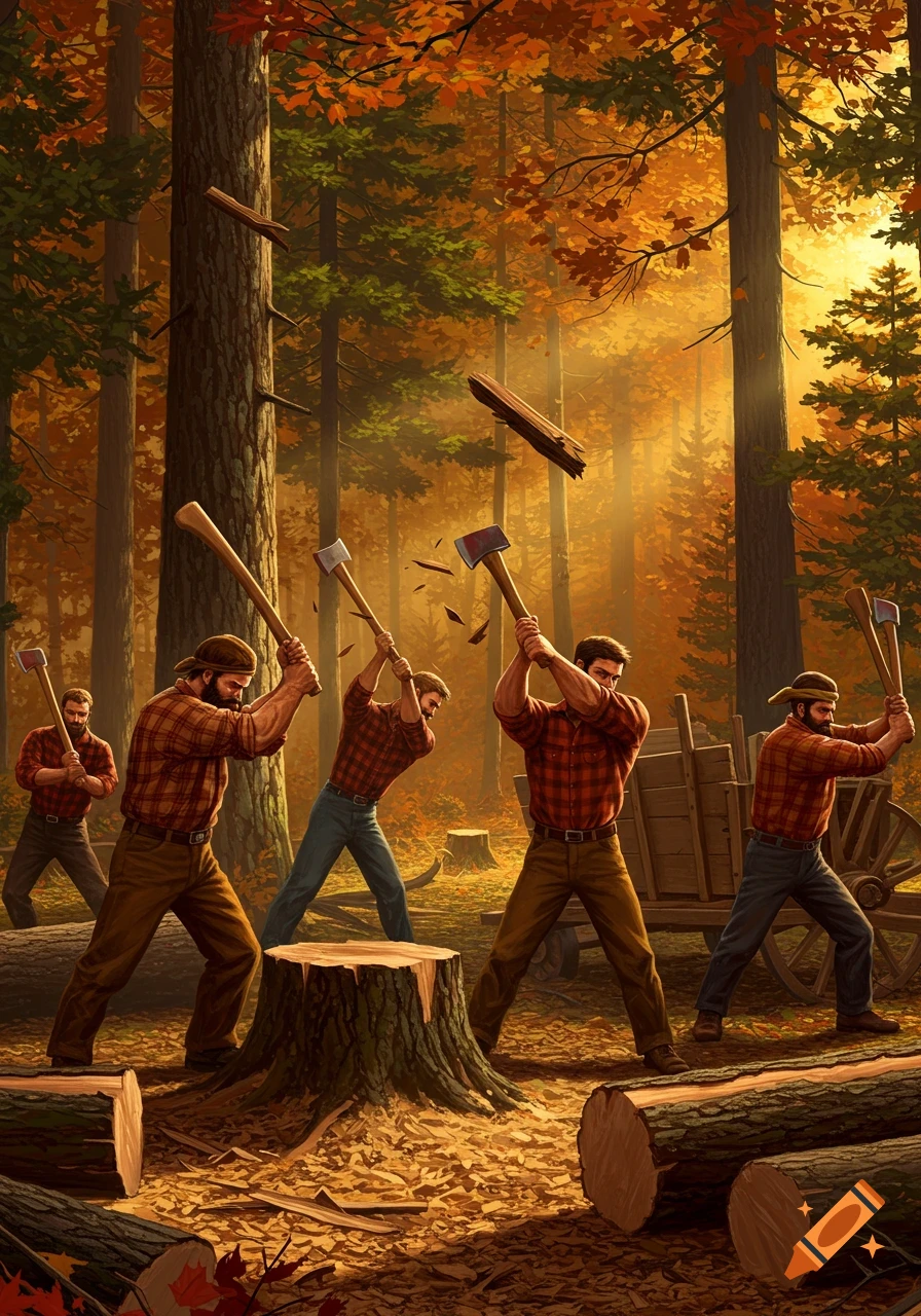 Lumberjacks in an autumn forest chopping wood with axes.