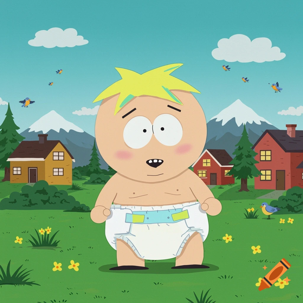 Butters from South Park as a baby in a diaper, standing in a grassy field with houses and mountains in the background under a blue sky.