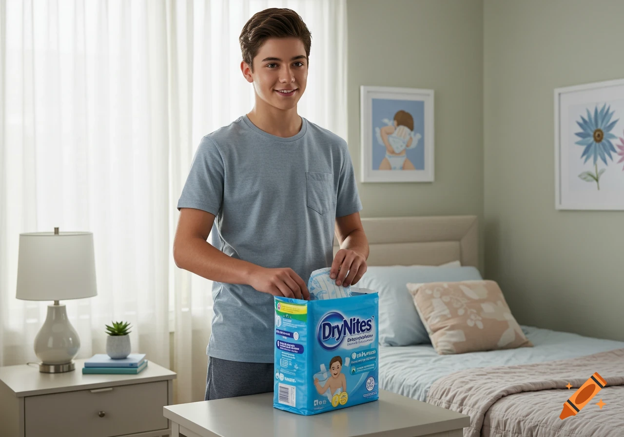 A teenage boy stands in a bedroom, holding a pack of DryNites disposable bedwetting pull-ups.