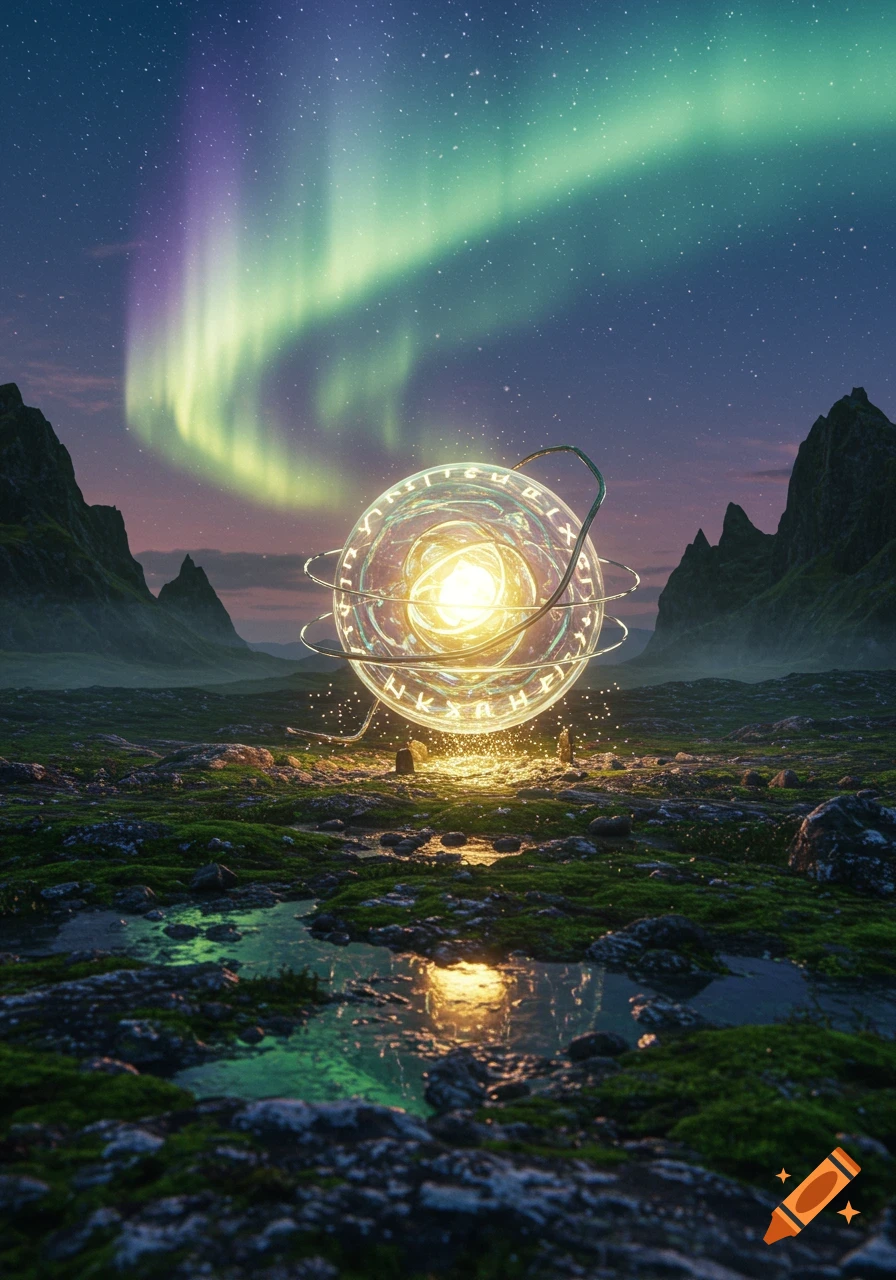 A vibrant green and purple aurora lights up a starry night sky over a rocky, moss-covered landscape with a large, glowing, magical orb at its center, surrounded by rings and symbols.