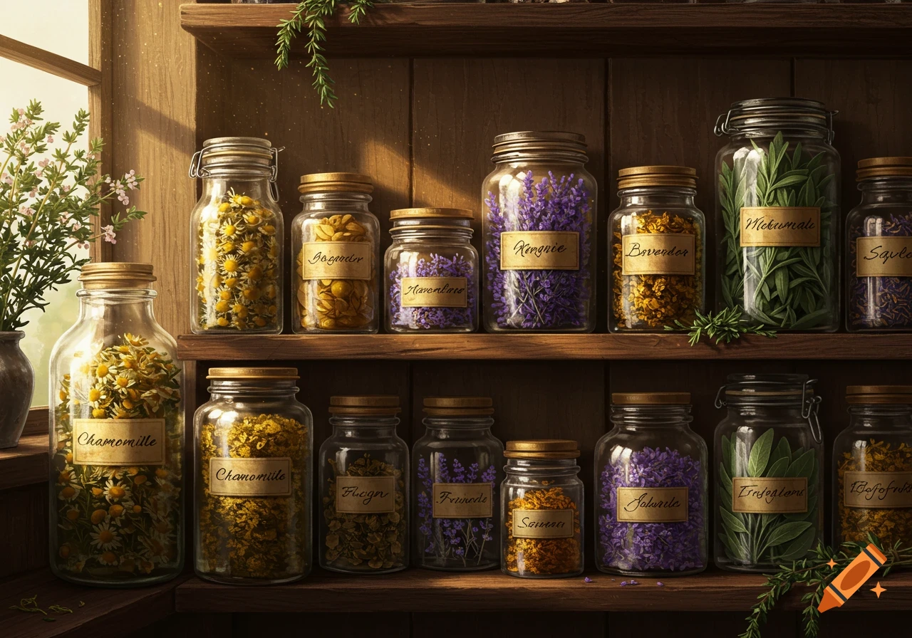 A wooden shelf filled with various glass jars containing dried medicinal herbs and flowers. Sunlight streams in from a window on the left.