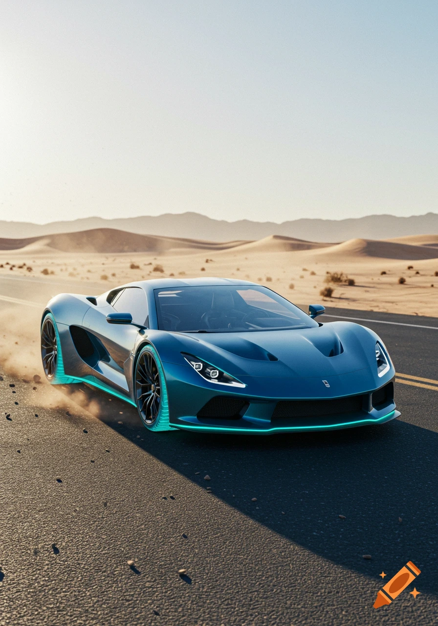 A sleek blue futuristic sports car drives on a desert road with sand dunes in the background under a clear sky.