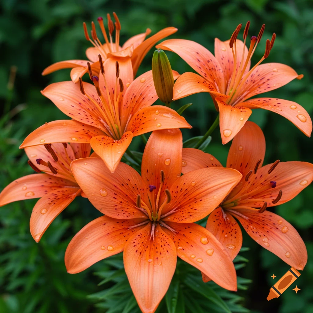 Close-up of vibrant orange tiger lilies with water droplets on their petals, against a blurred green background.
