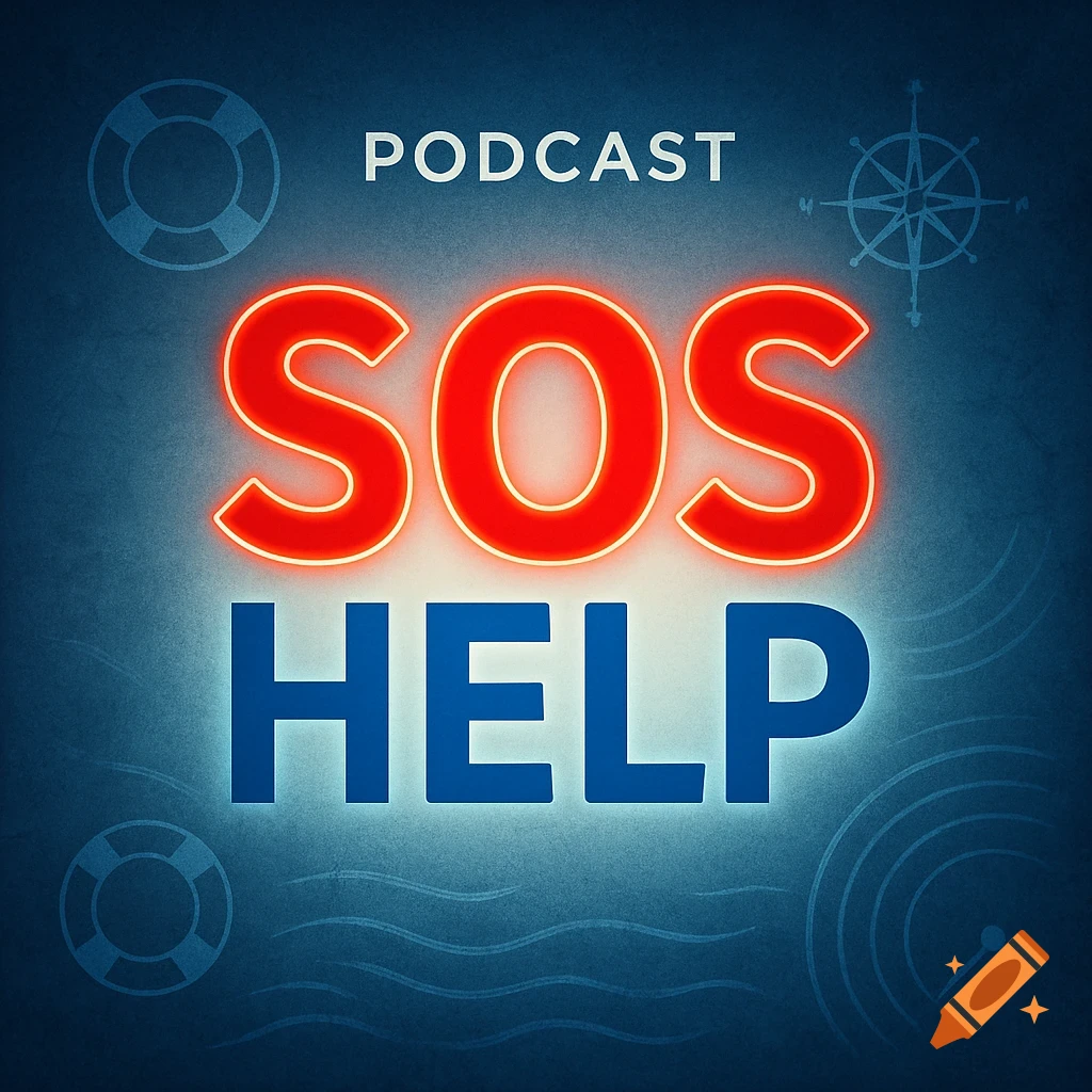 A blue and red podcast cover titled 'SOS HELP' with glowing text and faint nautical symbols on a dark blue background.