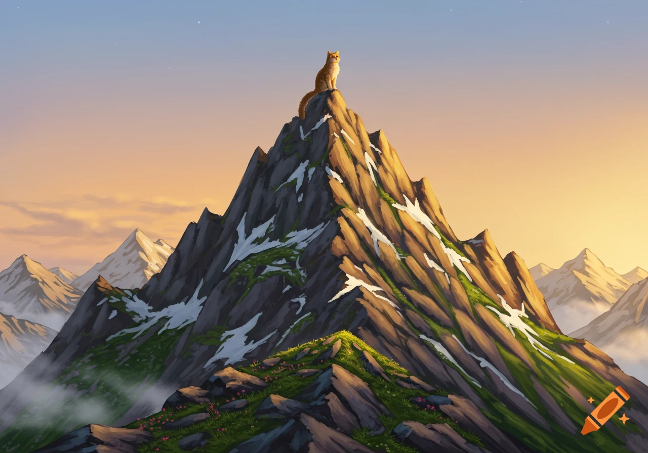 An illustrative scene of an orange cat sitting on the peak of a rocky mountain with snow and green patches, under a vibrant sunset or sunrise sky.