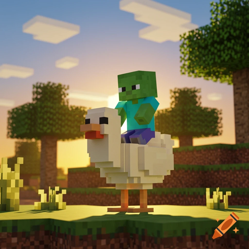 A blocky green Minecraft baby zombie rides a white chicken in a sunny, blocky landscape at sunset.