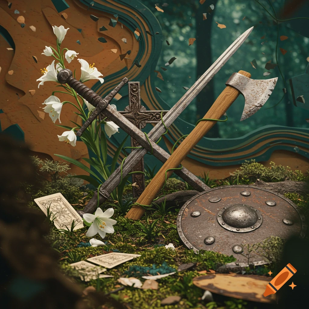 A surreal digital illustration of a crossed sword and axe, Christian cross, white lilies, and an aged shield on a mossy forest floor with scattered playing cards.