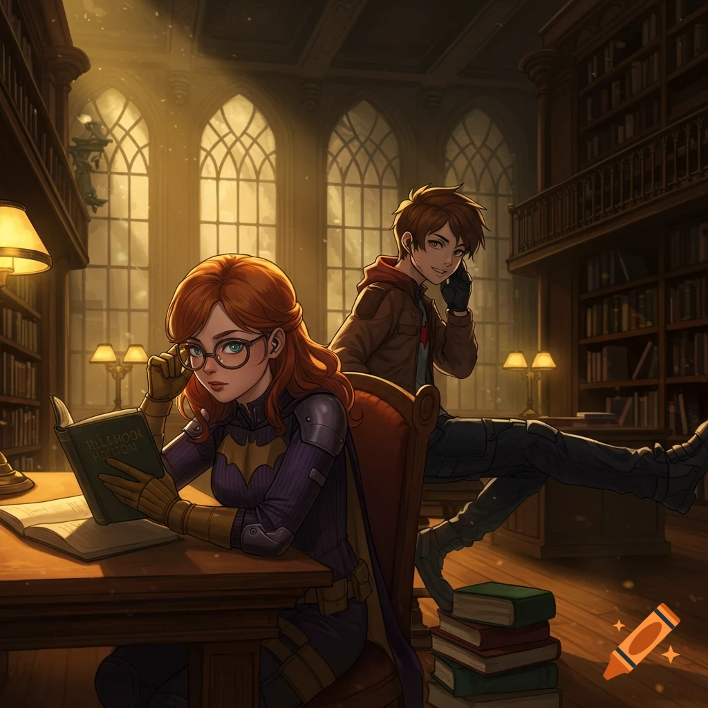 Anime-style digital painting of teenage Batgirl reading a book and Red Hood whispering into an earpiece in a dim library.