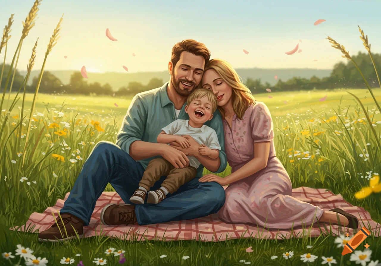 A happy family, father, mother, and child, on a picnic blanket in a sunlit meadow with wildflowers. Illustrated style.