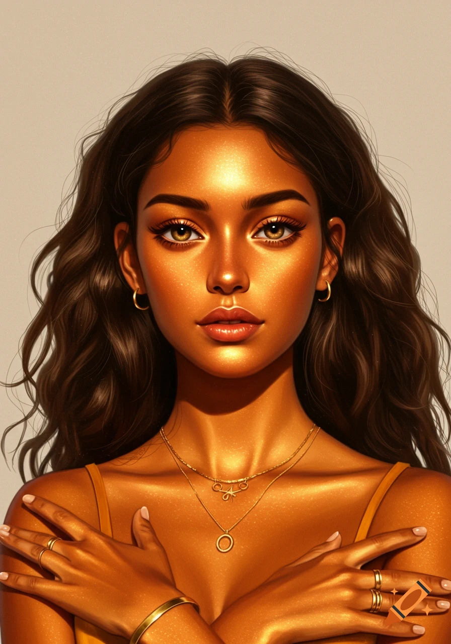 A close-up portrait of a woman with radiant golden skin, dark wavy hair, expressive eyes, and subtle gold jewelry.