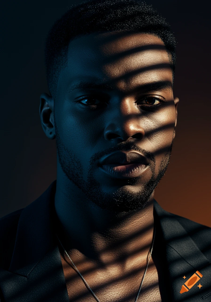 Hyper-realistic close-up portrait of a man with light beard stubble, lit by amber and blue light through blinds, wearing a dark jacket and chain.