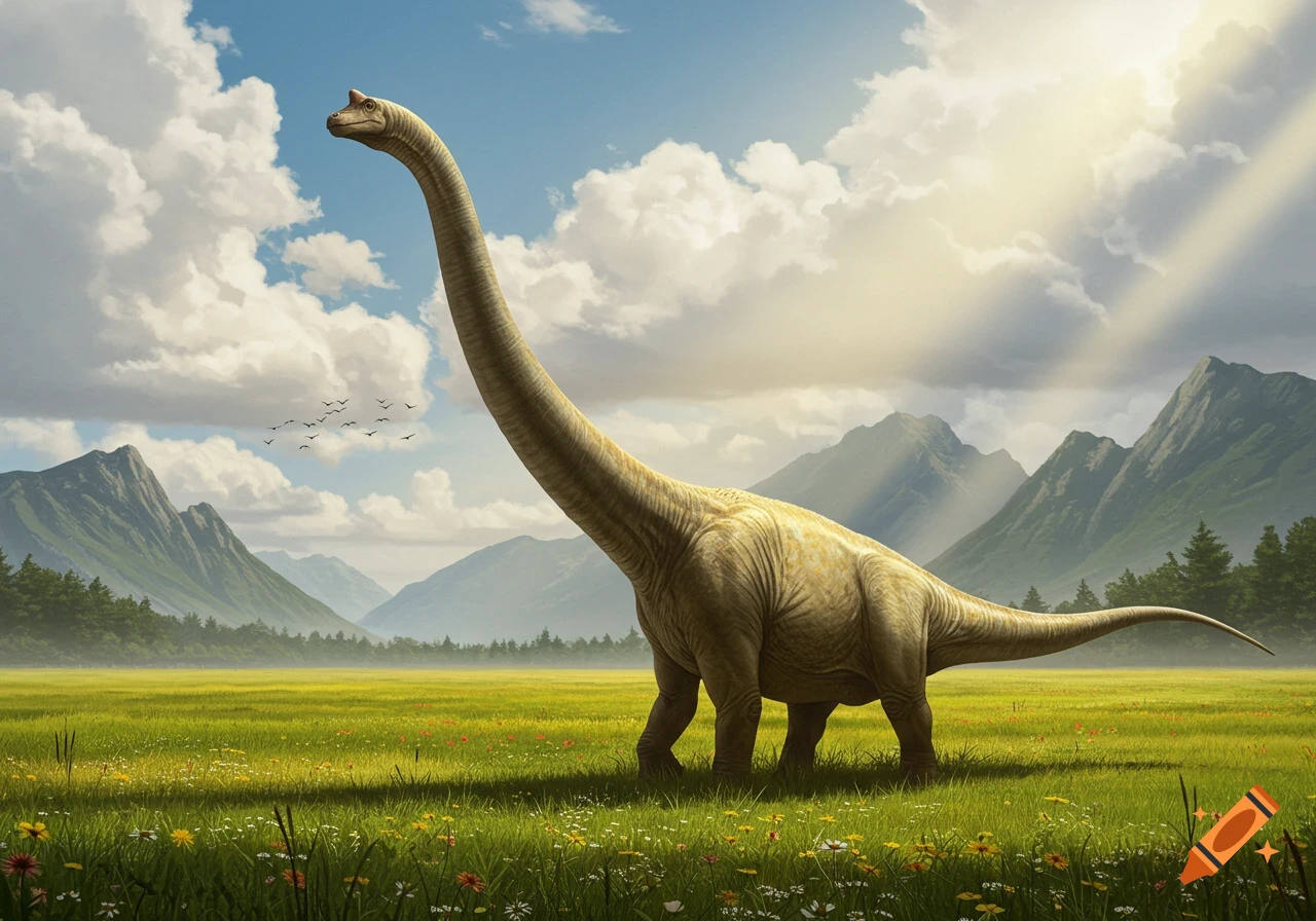 A large, light-brown Apatosaurus stands in a vibrant green meadow filled with wildflowers, under a blue sky with fluffy clouds and sunbeams. Mountains are visible in the background.