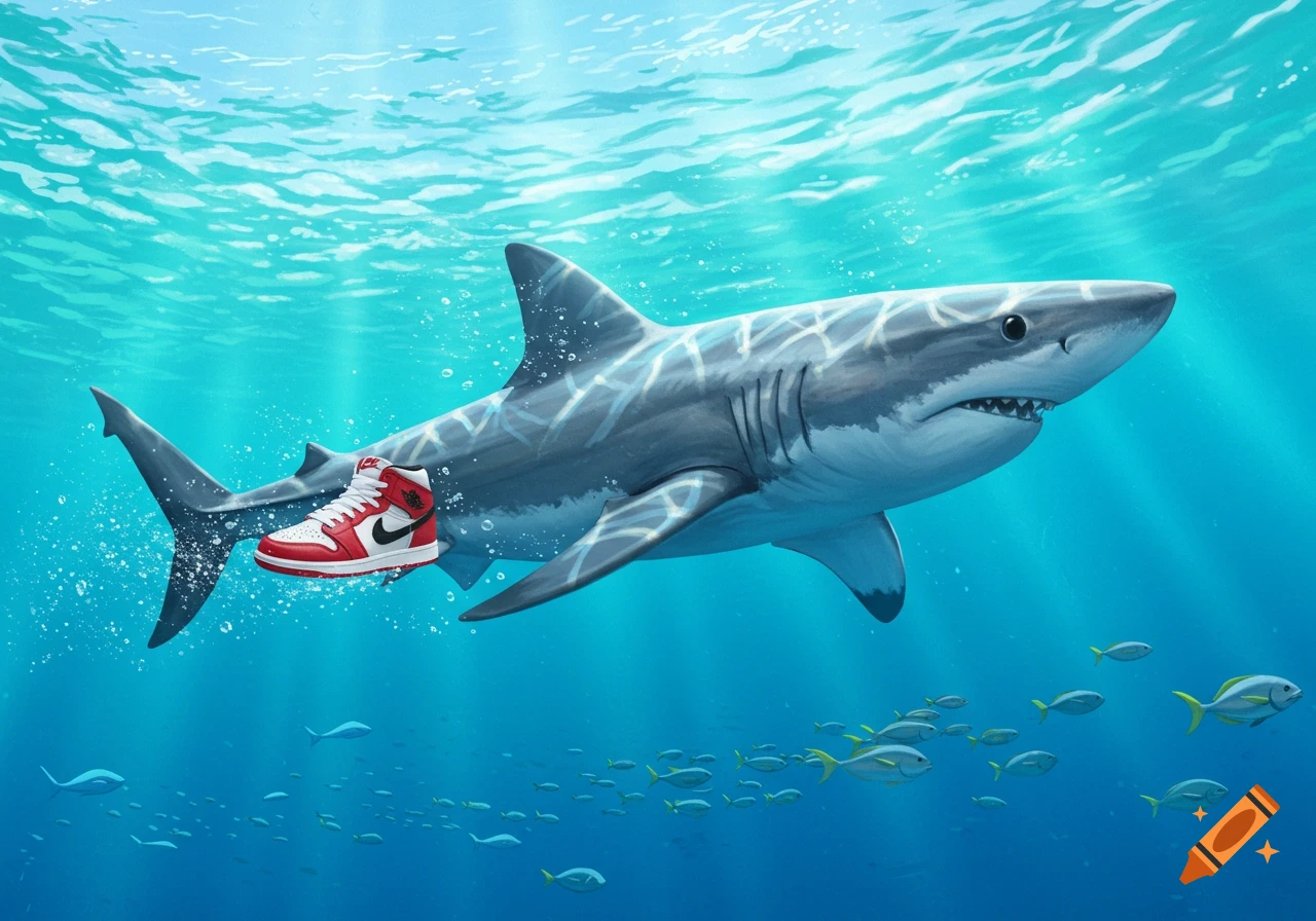 An illustrated shark swims underwater with a red and white high-top sneaker on its tail.