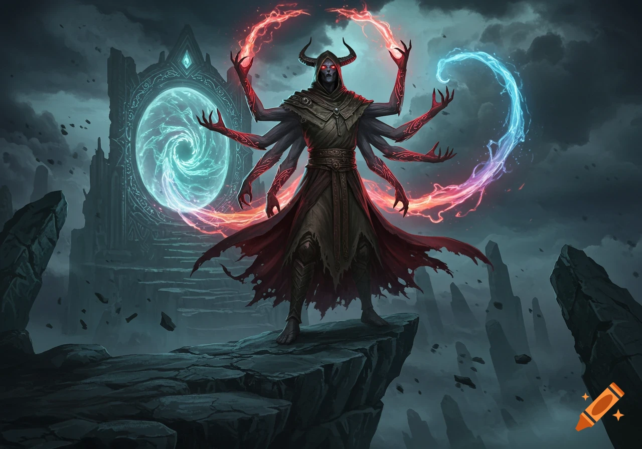 A horned, multi-armed demonic figure casting magic with glowing red and blue energy, standing on a cliff before a portal under a stormy sky. Digital fantasy art.