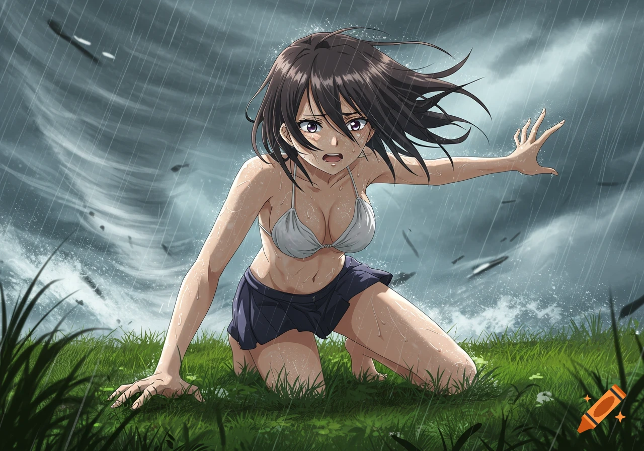 Anime-style young woman in a bikini top and skirt, kneeling in grass during a fierce storm with a tornado in the background, showing desperation.