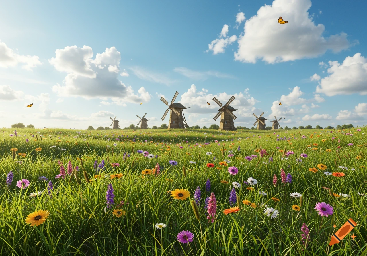 A vibrant green meadow bursts with colorful wildflowers under a bright blue sky, with several traditional windmills dotting the distant horizon.