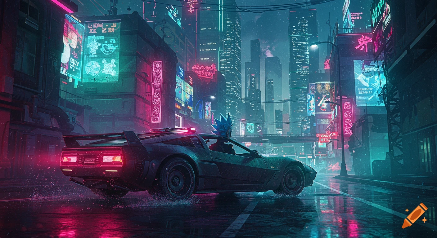 Rick Sanchez drives a futuristic car through a neon-lit cyberpunk city at night, with towering skyscrapers and glowing signs.
