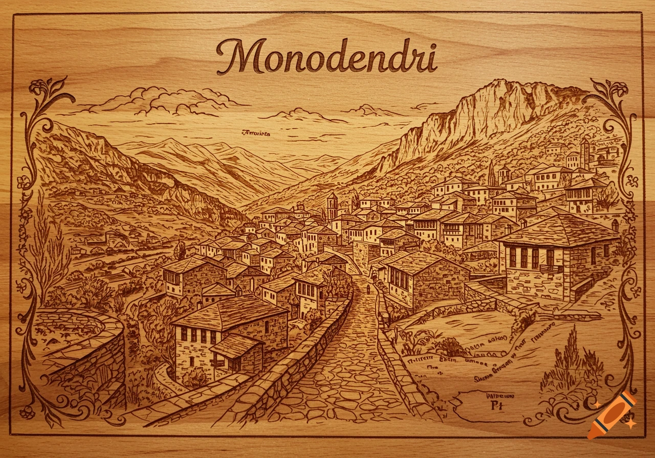 An intricate wood engraving illustration of the village Monodendri nestled in a valley surrounded by mountains, with detailed buildings and a winding path.