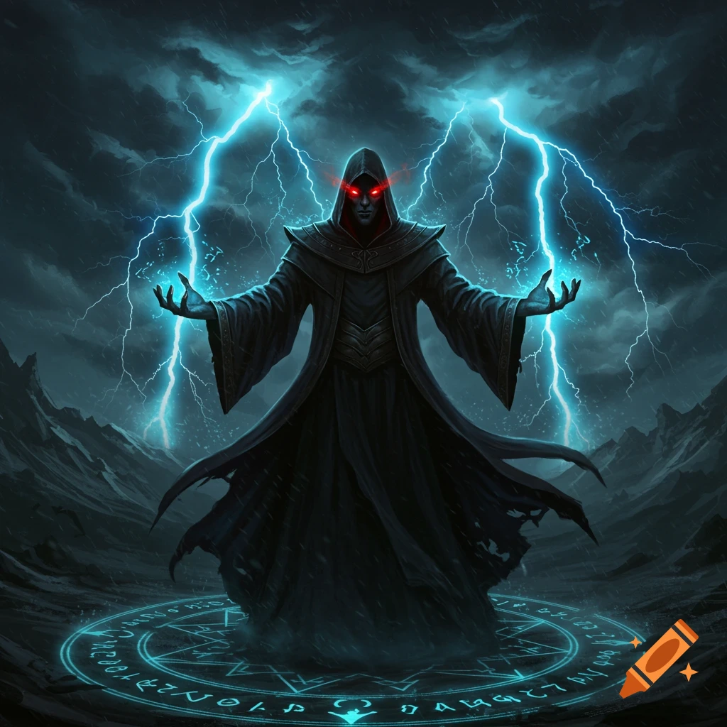 A dark robed magician with glowing red eyes stands in a stormy landscape, casting blue lightning from his hands within a magical circle.
