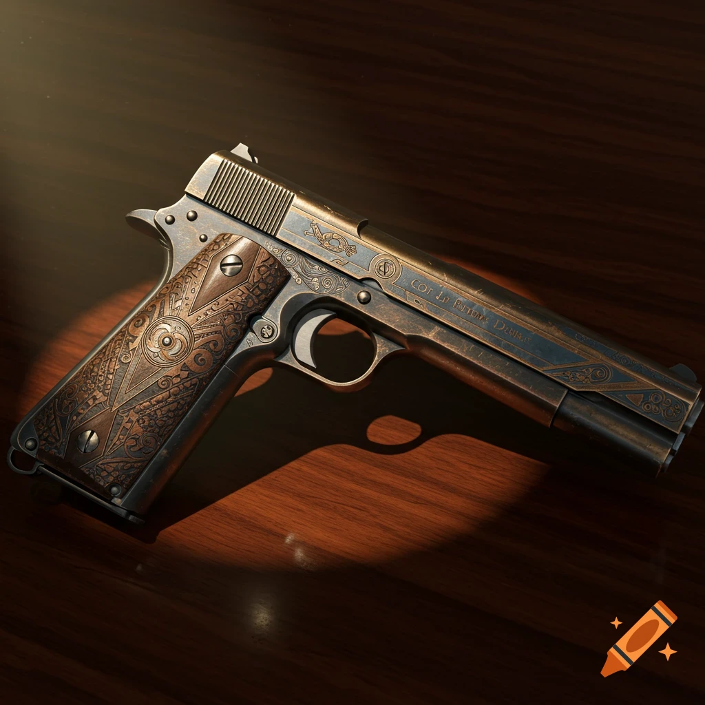 A detailed, ornate Colt 1911 pistol with art deco engravings lies on a polished wooden surface, illuminated by a spotlight.