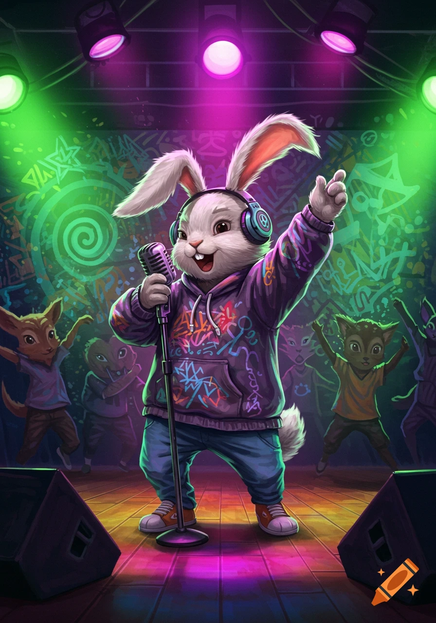 A cartoon rabbit with headphones and a purple hoodie raps into a microphone on a stage under colorful lights, with other cartoon animals dancing in the background.