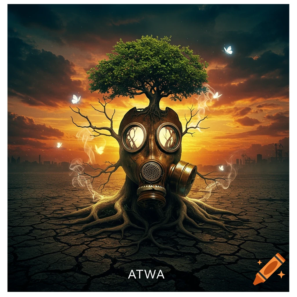 A surreal album cover featuring a tree growing from a gas mask on cracked earth under a dramatic orange and dark sky with butterflies. Text: ATWA.