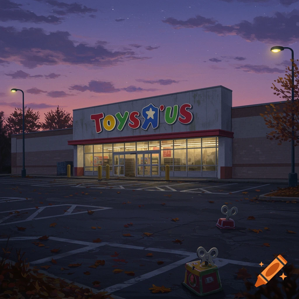 An empty Toys R Us store and parking lot at dusk, with fallen leaves and two abandoned wind-up toys.