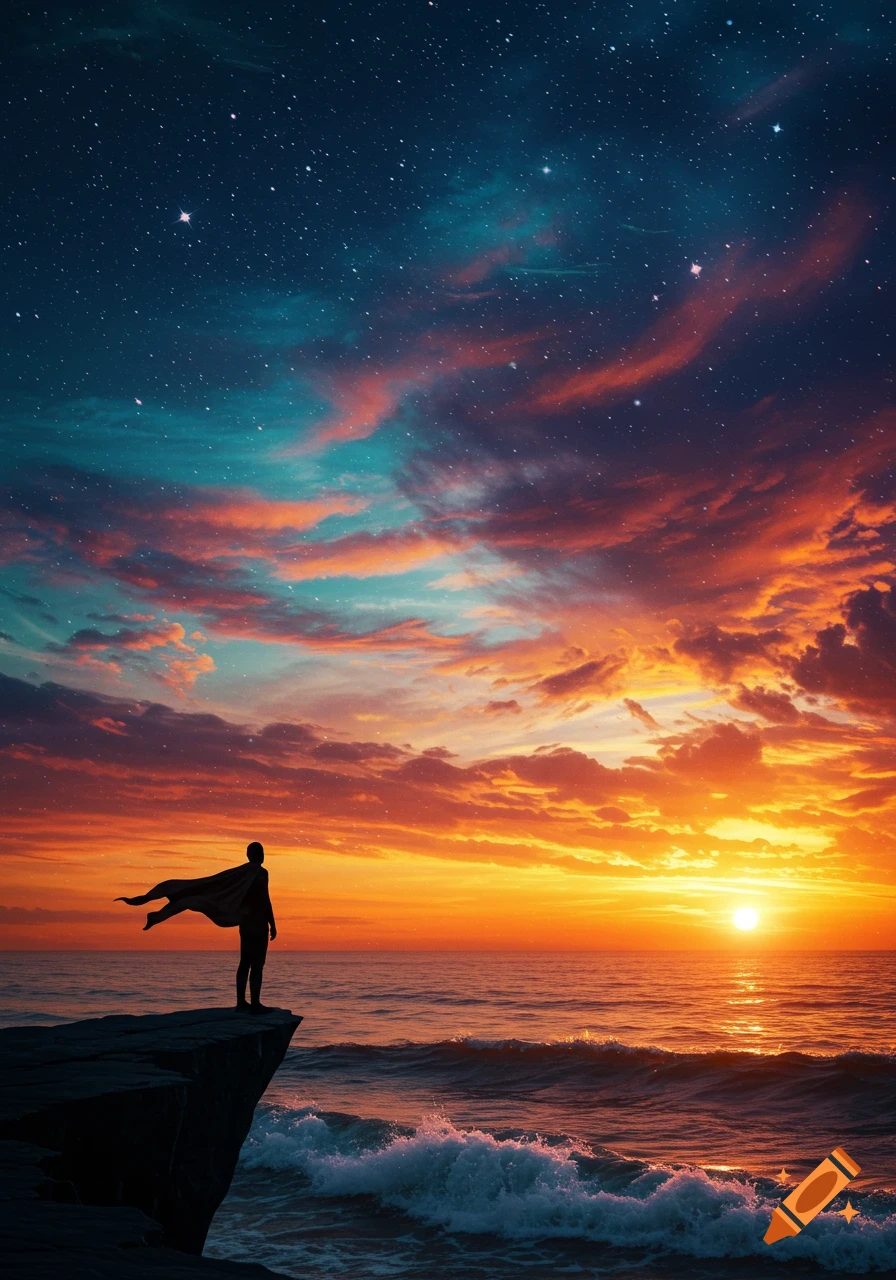 Silhouette of a person in a cape standing on a cliff overlooking a vibrant orange and blue sunset over the ocean.