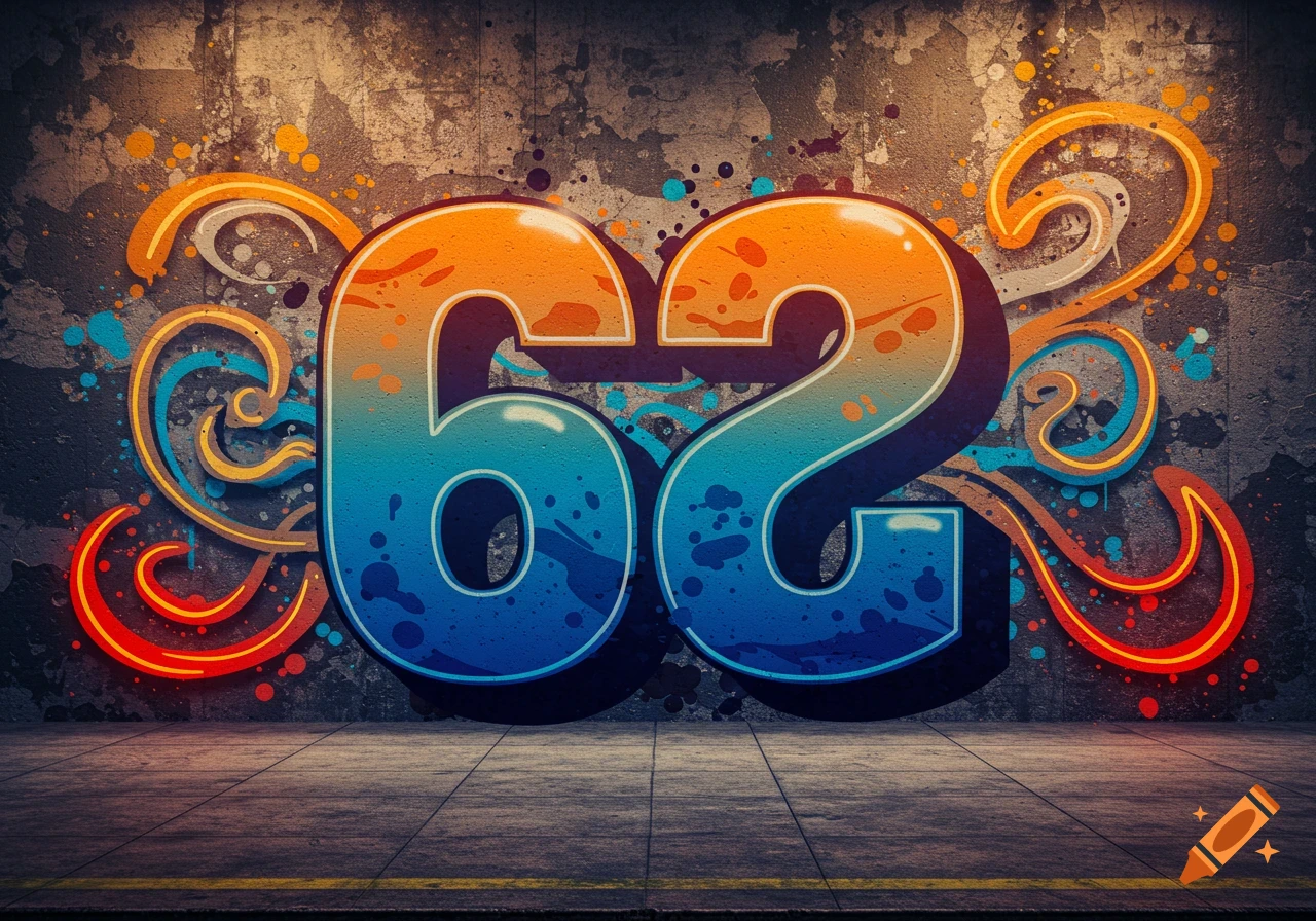 Vibrant orange and blue graffiti numbers '62' with 3D shading on a weathered concrete wall above a paved ground.