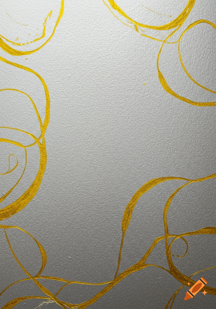Abstract background of a textured silver surface with flowing, swirling gold lines.