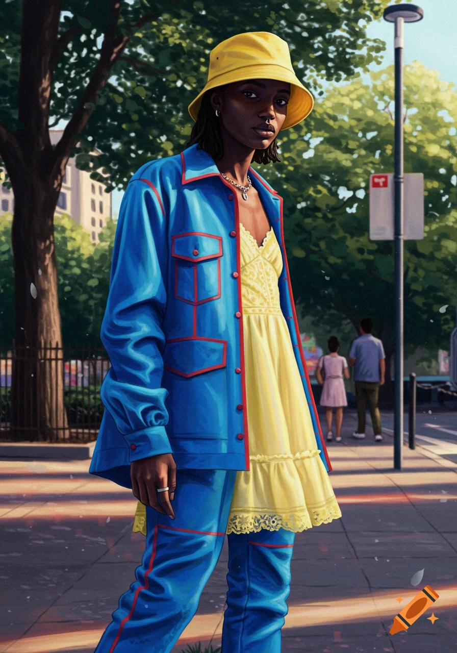A Black woman in a blue jacket with red trim, a yellow dress, and a yellow bucket hat stands on a city street in a painted art style.