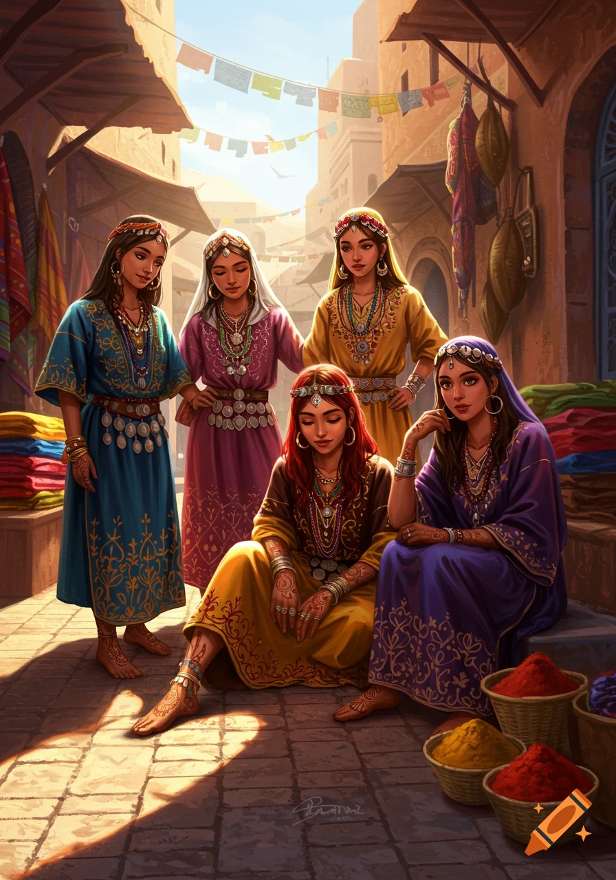 Five women in ornate traditional dresses and jewelry stand and sit in a vibrant, sunlit market street with colorful spices.