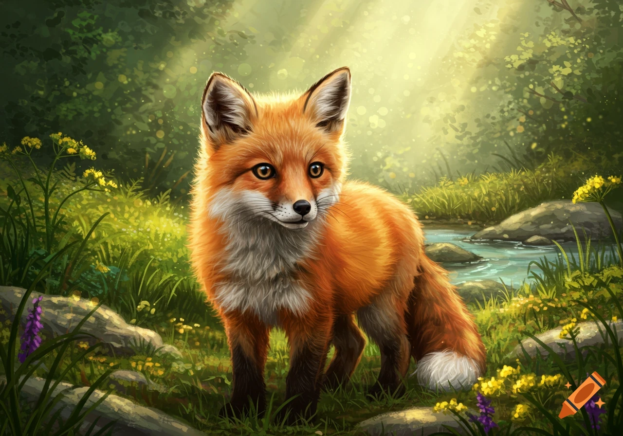 A cute, fluffy orange fox with big eyes stands in a lush, sunlit forest next to a stream in an artistic style.