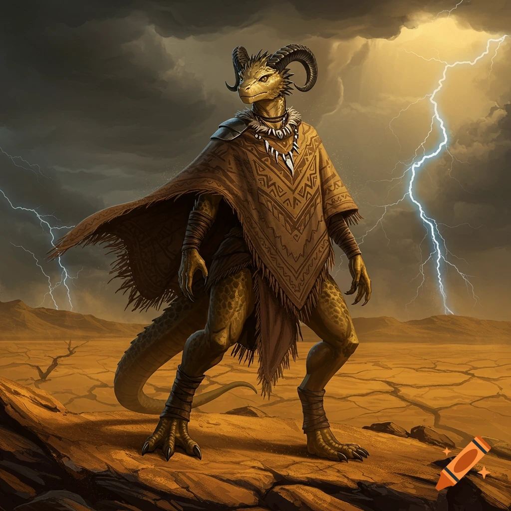 A reptilian humanoid with ram horns and a poncho stands on cracked desert ground under a stormy sky with lightning.