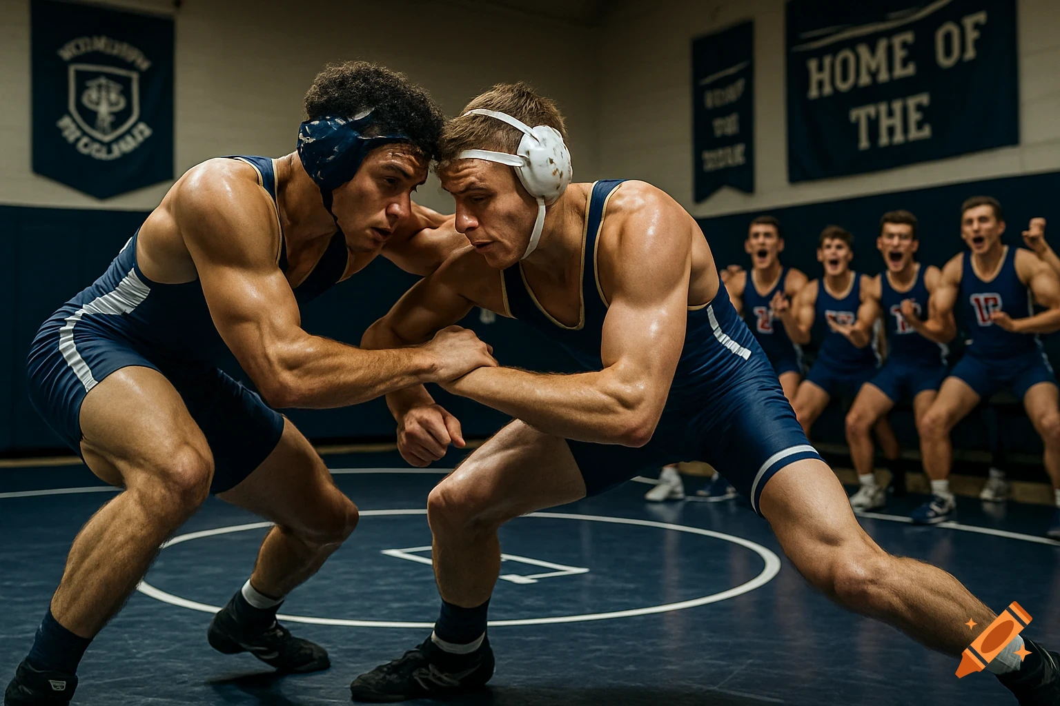 Two male wrestlers grapple on a mat in a high school gym, with a team watching in the background. Photorealistic.